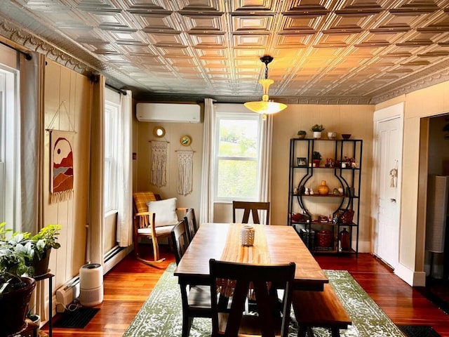 90 N Ave, Skowhegan, ME 04976 - dining space with an ornate ceiling, an AC wall unit, dark wood-style flooring, and a barn door