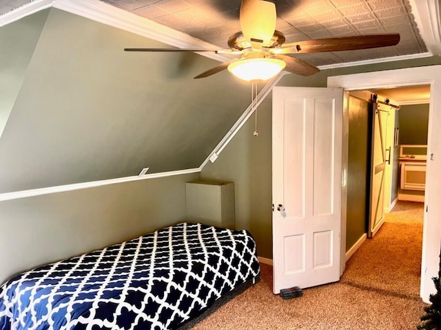 90 N Ave, Skowhegan, ME 04976 - carpeted bedroom featuring baseboards, ceiling fan, a barn door, and ornamental molding