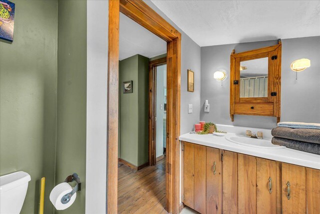 637 Falls Bridge Rd, Blue Hill, ME 04614 - half bathroom featuring toilet, wood-type flooring, vanity, and baseboards