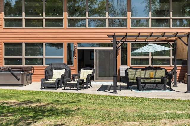 36 Sunset Dr, Saint Albans, ME 04971 - back of house with a patio area, an outdoor living space, a lawn, and a pergola