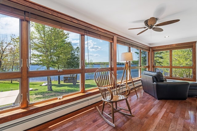 36 Sunset Dr, Saint Albans, ME 04971 - sunroom with a water view, wood finished floors, and a baseboard heating unit