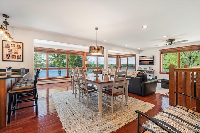 36 Sunset Dr, Saint Albans, ME 04971 - dining area featuring dark wood-style floors, baseboard heating, recessed lighting, and a ceiling fan