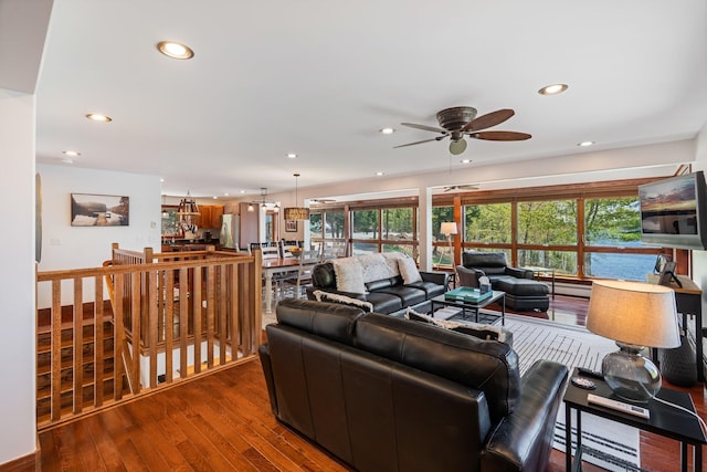 36 Sunset Dr, Saint Albans, ME 04971 - living area with ceiling fan, wood finished floors, and recessed lighting