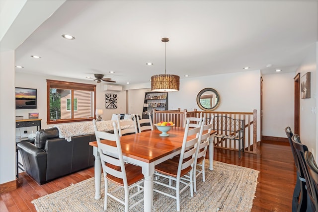 36 Sunset Dr, Saint Albans, ME 04971 - dining space with a wall mounted AC, ceiling fan, wood finished floors, recessed lighting, and baseboards