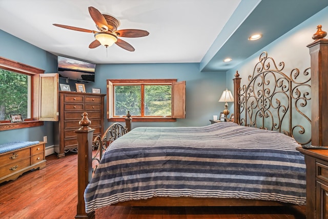 36 Sunset Dr, Saint Albans, ME 04971 - bedroom featuring multiple windows, wood finished floors, recessed lighting, baseboard heating, and a ceiling fan