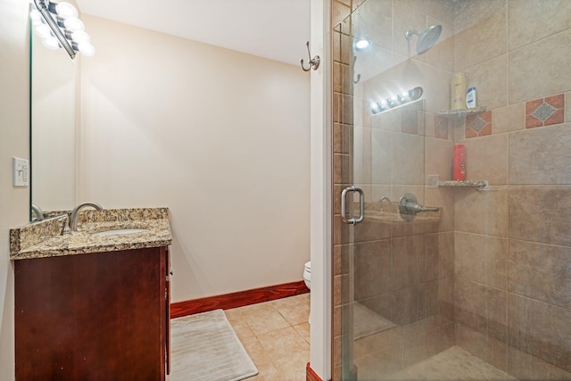 36 Sunset Dr, Saint Albans, ME 04971 - bathroom featuring vanity, a stall shower, toilet, tile patterned floors, and baseboards