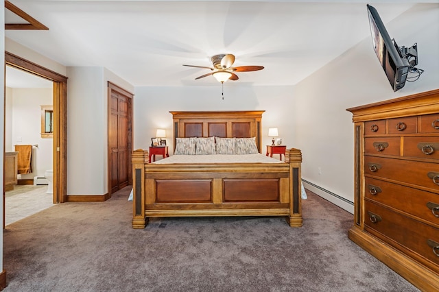 36 Sunset Dr, Saint Albans, ME 04971 - bedroom with a baseboard heating unit, dark colored carpet, and a ceiling fan