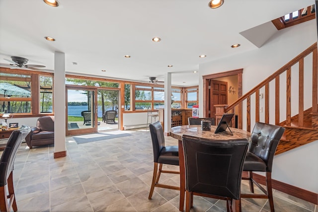 36 Sunset Dr, Saint Albans, ME 04971 - dining space with ceiling fan, recessed lighting, stairway, a baseboard heating unit, and baseboards