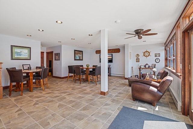 36 Sunset Dr, Saint Albans, ME 04971 - living room with a baseboard heating unit, ceiling fan, recessed lighting, and baseboards