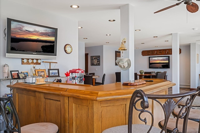 36 Sunset Dr, Saint Albans, ME 04971 - indoor dry bar with ceiling fan, a baseboard heating unit, and recessed lighting