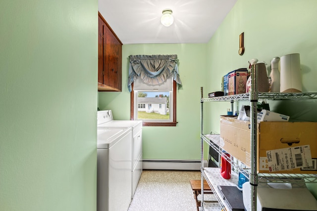 4 Shirley Ln, Gorham, ME 04038 - laundry room featuring a baseboard heating unit, cabinet space, separate washer and dryer, and baseboards