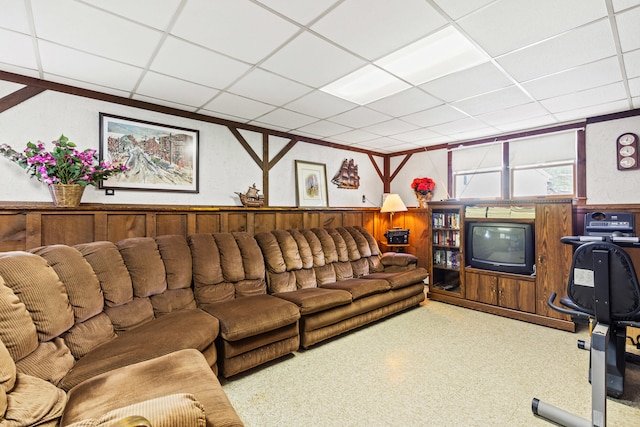 4 Shirley Ln, Gorham, ME 04038 - living area with a drop ceiling, wainscoting, and wood walls
