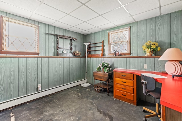 4 Shirley Ln, Gorham, ME 04038 - office with a drop ceiling, concrete floors, baseboard heating, and wooden walls