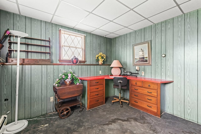 4 Shirley Ln, Gorham, ME 04038 - office with a drop ceiling, unfinished concrete floors, baseboard heating, and wood walls