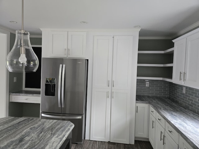 209 Sandy Acres Dr, Sullivan, ME 04664 - kitchen featuring stainless steel fridge, crown molding, open shelves, white cabinets, and tasteful backsplash