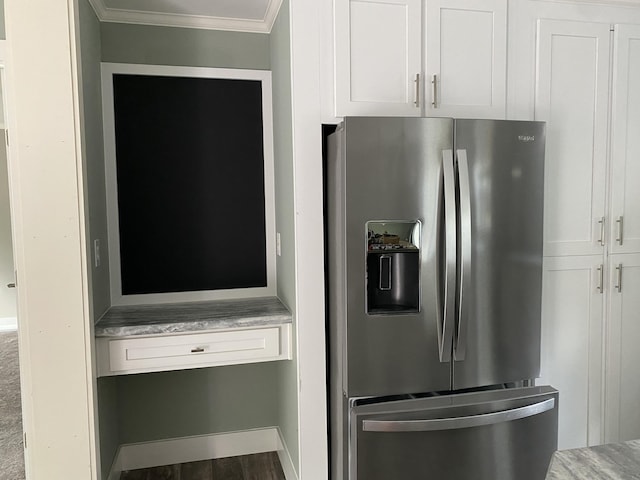 209 Sandy Acres Dr, Sullivan, ME 04664 - kitchen with stainless steel fridge with ice dispenser, crown molding, white cabinets, light countertops, and wood finished floors