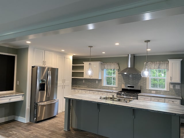 209 Sandy Acres Dr, Sullivan, ME 04664 - kitchen featuring stainless steel appliances, wall chimney exhaust hood, open shelves, crown molding, and dark wood-style floors