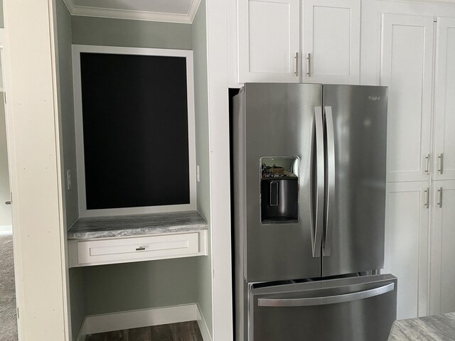 209 Sandy Acres Dr, Sullivan, ME 04664 - kitchen featuring stainless steel refrigerator with ice dispenser, crown molding, white cabinetry, light countertops, and wood finished floors