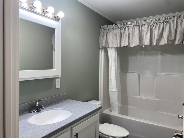 209 Sandy Acres Dr, Sullivan, ME 04664 - full bathroom featuring vanity, shower / bath combination with curtain, and ornamental molding