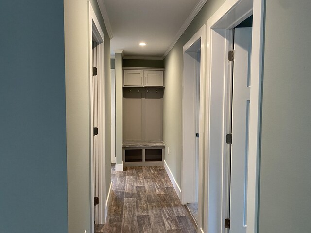 209 Sandy Acres Dr, Sullivan, ME 04664 - corridor with crown molding, dark wood-style floors, and recessed lighting