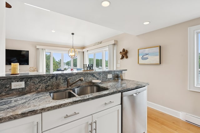 47 Ocean Ave Unit 6, Kennebunkport, ME 04046 - kitchen with dishwasher, a baseboard radiator, white cabinetry, light wood-type flooring, and recessed lighting