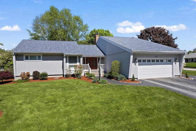 37 Longbow Ct, Auburn, ME 04210 - single story home featuring a garage, a chimney, driveway, roof with shingles, and a front yard