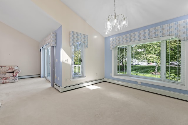 37 Longbow Ct, Auburn, ME 04210 - spare room with vaulted ceiling, carpet floors, baseboard heating, a chandelier, and baseboards