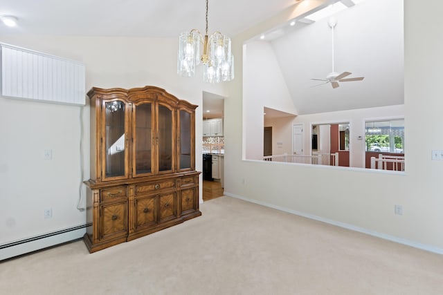 37 Longbow Ct, Auburn, ME 04210 - unfurnished living room with carpet floors, high vaulted ceiling, a chandelier, a baseboard radiator, and ceiling fan