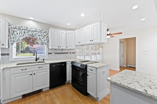 37 Longbow Ct, Auburn, ME 04210 - kitchen with black appliances, a sink, white cabinetry, a ceiling fan, and recessed lighting