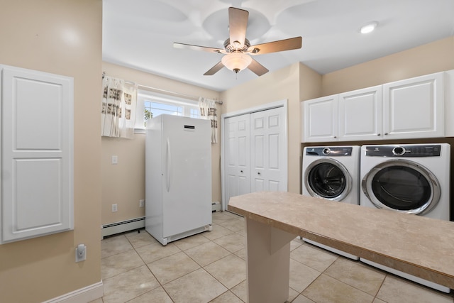 37 Longbow Ct, Auburn, ME 04210 - washroom with cabinet space, washer and dryer, a baseboard heating unit, a ceiling fan, and light tile patterned floors