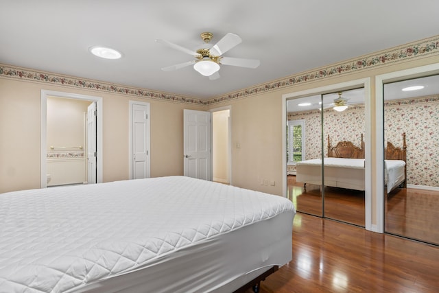 37 Longbow Ct, Auburn, ME 04210 - bedroom with wood finished floors, two closets, ensuite bathroom, and ceiling fan
