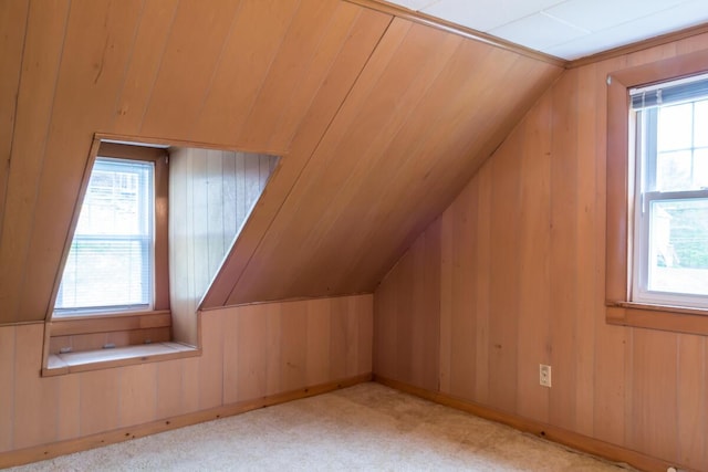 57 Bow St, Freeport, ME 04032 - additional living space with lofted ceiling, wood walls, and carpet floors