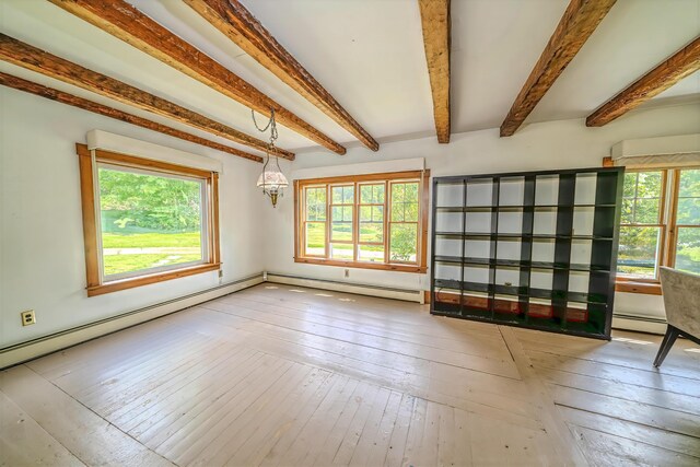 176 Bagley Hill Rd, Troy, ME 04987 - spare room featuring a baseboard heating unit, beam ceiling, and hardwood / wood-style flooring