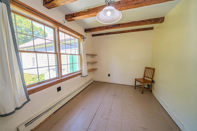 176 Bagley Hill Rd, Troy, ME 04987 - unfurnished room with baseboard heating, beamed ceiling, light wood-style floors, and baseboards