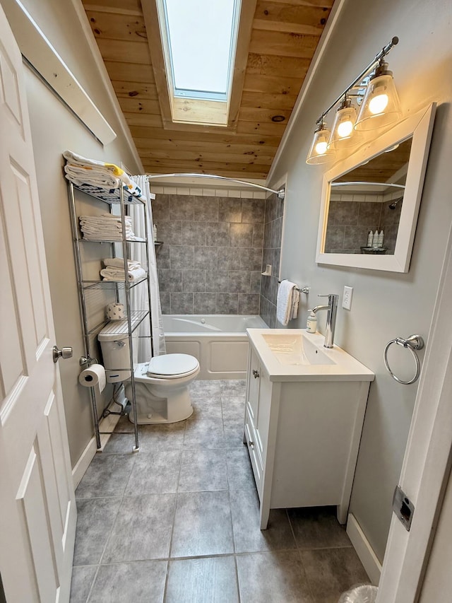 40 Shorebreezes Ln Unit 40, Kennebunk, ME 04043 - full bath featuring a skylight, wood ceiling, vanity, tile patterned flooring, and tub / shower combination