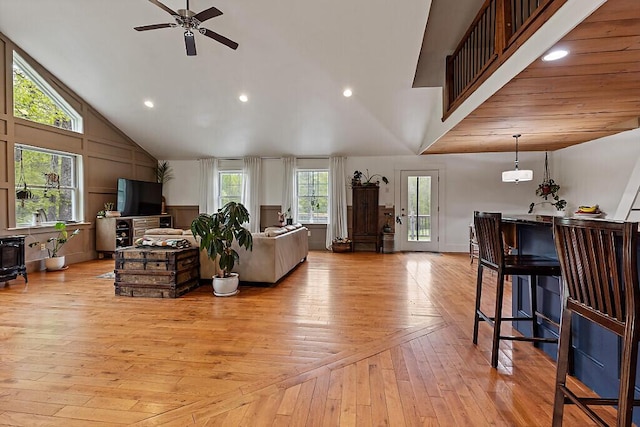39 Lobo Ln, West Gardiner, ME 04345 - living area featuring high vaulted ceiling, ceiling fan, light wood-style flooring, and recessed lighting