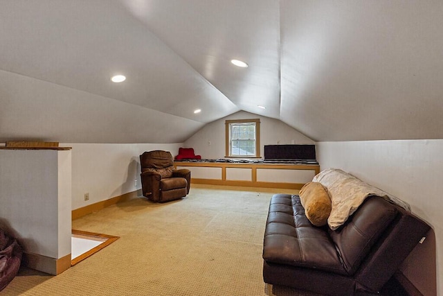 39 Lobo Ln, West Gardiner, ME 04345 - sitting room featuring lofted ceiling, carpet, recessed lighting, and baseboards