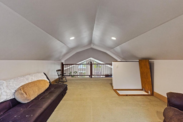 39 Lobo Ln, West Gardiner, ME 04345 - living room with vaulted ceiling, carpet, baseboards, and recessed lighting