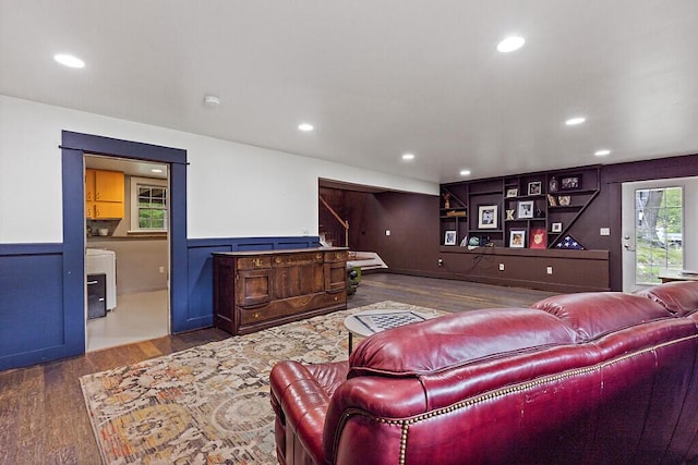 39 Lobo Ln, West Gardiner, ME 04345 - living room with wood finished floors, stairs, wainscoting, and recessed lighting