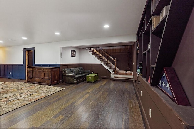 39 Lobo Ln, West Gardiner, ME 04345 - living room with dark wood-style flooring, wainscoting, stairs, and recessed lighting
