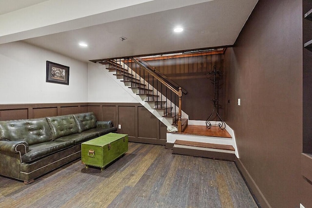 39 Lobo Ln, West Gardiner, ME 04345 - living area with wood finished floors, stairway, recessed lighting, a decorative wall, and a wainscoted wall
