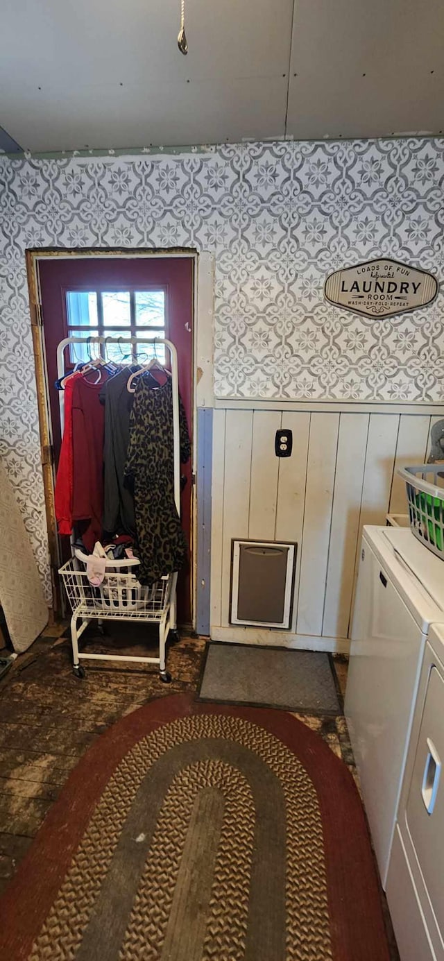 110 Bog Rd, Limestone, ME 04750 - laundry area featuring washer and clothes dryer and wallpapered walls