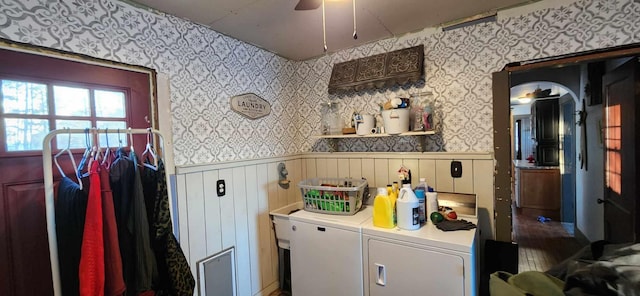 110 Bog Rd, Limestone, ME 04750 - laundry room featuring washer and dryer, wainscoting, ceiling fan, and wallpapered walls