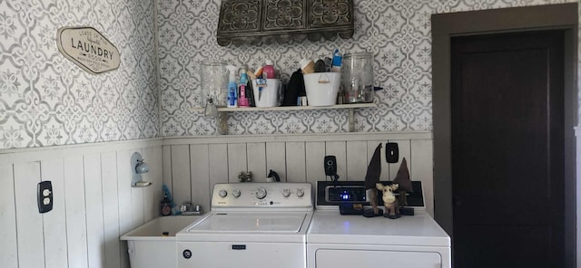 110 Bog Rd, Limestone, ME 04750 - washroom featuring wallpapered walls, independent washer and dryer, and a wainscoted wall