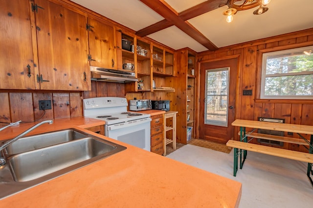 54 Papoose Island Rd, Raymond, ME 04071 - kitchen with white range with electric cooktop, under cabinet range hood, wood walls, open shelves, and light countertops