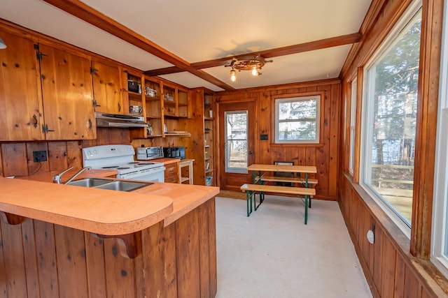 54 Papoose Island Rd, Raymond, ME 04071 - kitchen featuring electric range, under cabinet range hood, a sink, light countertops, and open shelves