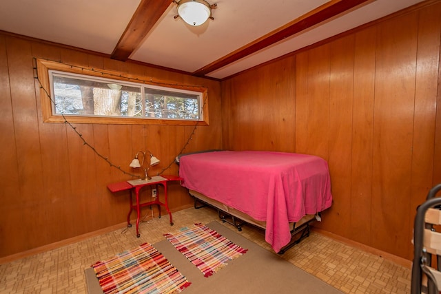 54 Papoose Island Rd, Raymond, ME 04071 - bedroom featuring tile patterned floors, wood walls, and beam ceiling