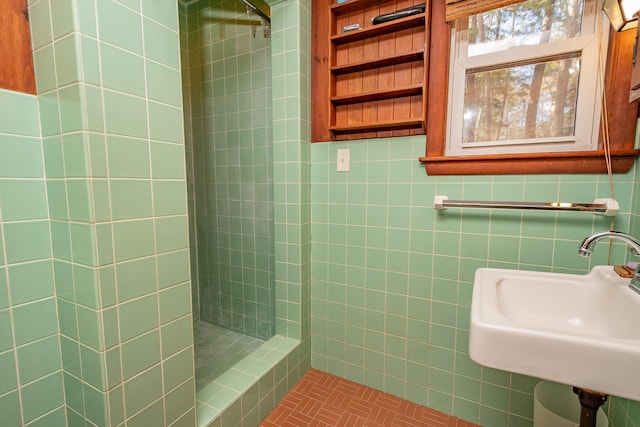 54 Papoose Island Rd, Raymond, ME 04071 - full bath featuring a tile shower, a sink, and tile walls