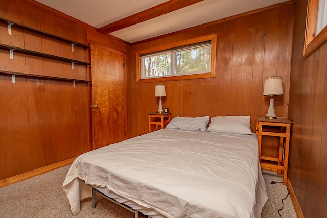 54 Papoose Island Rd, Raymond, ME 04071 - bedroom with carpet flooring, beam ceiling, and wooden walls
