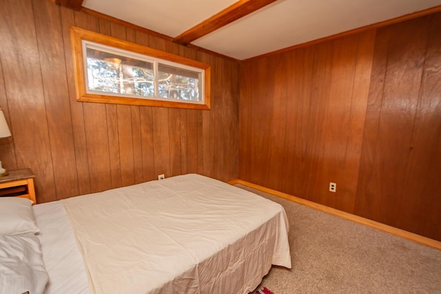 54 Papoose Island Rd, Raymond, ME 04071 - bedroom featuring wooden walls, carpet flooring, and beamed ceiling